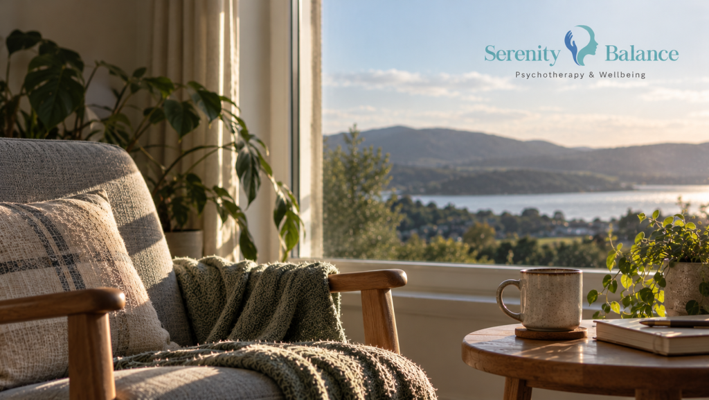 Comfortable armchair beside a sunlit window overlooking a peaceful landscape, with a warm drink and notebook on a wooden table