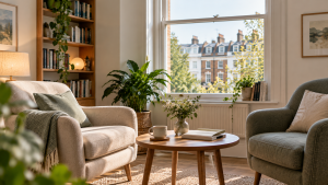 A welcoming therapy room with two comfortable armchairs, soft natural light and a view of London townhouses.